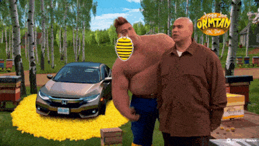 two men are standing in front of a car and a sign that says jyogle joe orktan