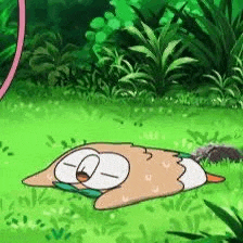 a cartoon owl is laying on the grass in a field .