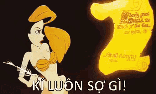 a cartoon of a mermaid holding a feather next to a piece of paper that says ki luôn so gì