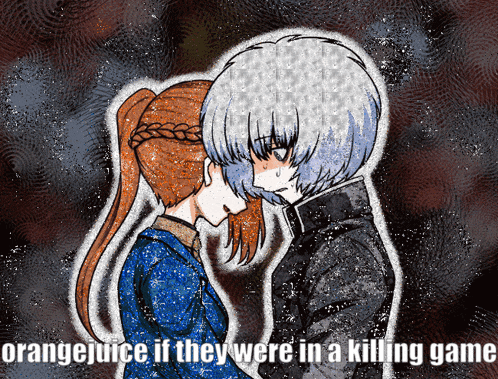 a drawing of a boy and a girl with the words orange juice if they were in a killing game below them