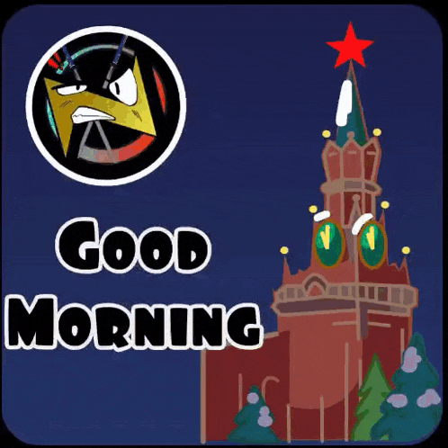 a cartoon drawing of a clock tower with the words good morning on it