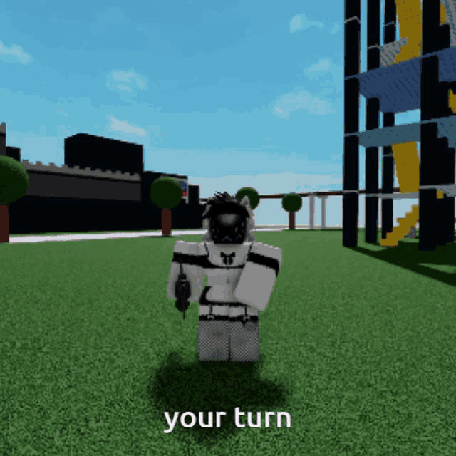 a cartoon character is standing in a grassy field with the words " your turn " below him