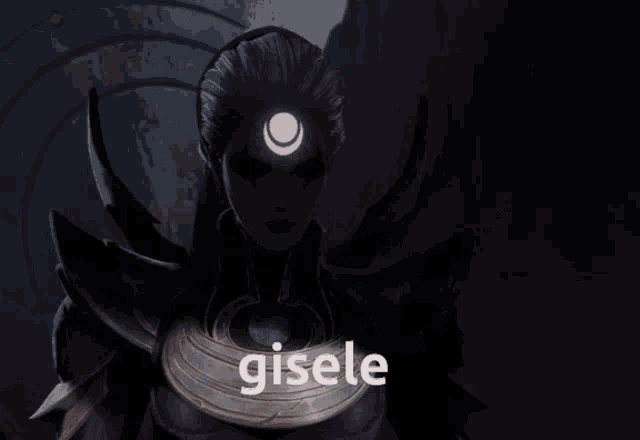 a woman with a crescent moon on her head and the word gisele on her chest