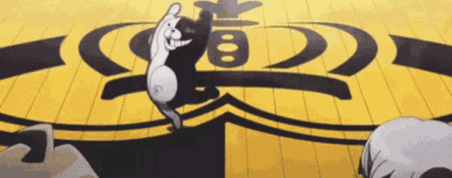 a black and white bear is dancing in front of a crown