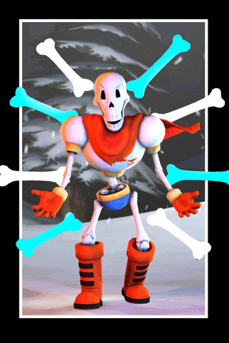 a cartoon skeleton is surrounded by bones and has a red cape on