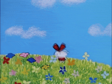 a drawing of a girl holding flowers in a field