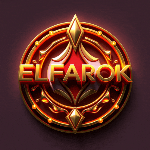 a red and gold emblem with the word elfarok in gold letters