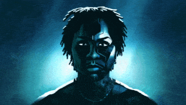 a drawing of a man with dreadlocks and a robot face