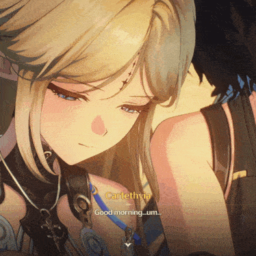 a screenshot of a video game with cartethya saying " good morning um "
