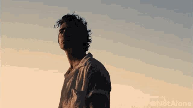 a man in a white shirt is standing in front of a sunset with #notalone written in the corner
