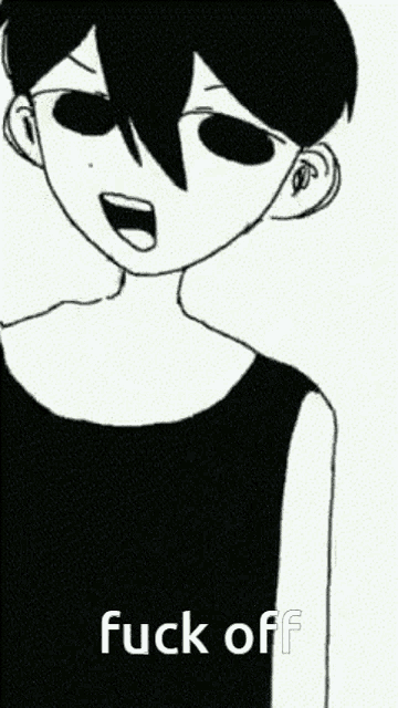a black and white drawing of a person pointing with the word fuck off underneath