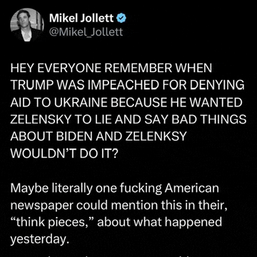 a tweet from mikel jollett says " hey everyone remember when trump was impeached for denying aid to ukraine