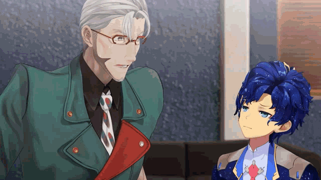 a man and a boy with blue hair are standing next to each other in a room