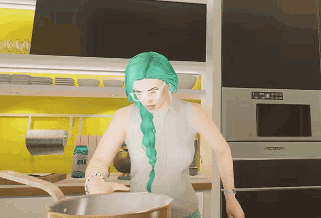 a woman with green hair and glasses is cooking in a kitchen with a stainless steel oven and a container of milk