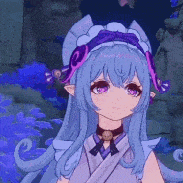 a girl with blue hair and purple eyes is wearing a maid hat and a choker .