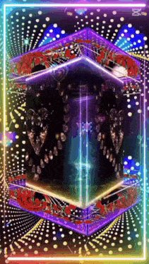 a colorful cube with hearts and roses on it is surrounded by dots and lights .