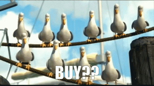 a bunch of seagulls are sitting on a rope with the word buy written below them