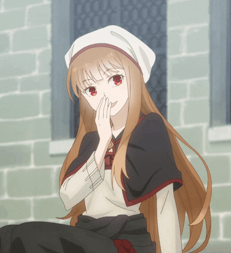 a girl with long brown hair is wearing a white hat and covering her mouth with her hand