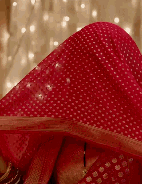 a woman wearing a red polka dot saree with gold trim