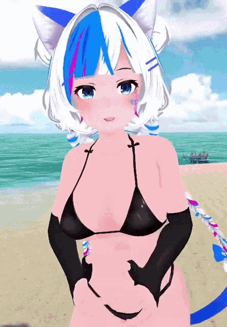 a girl in a bikini is standing on a beach with boats in the background