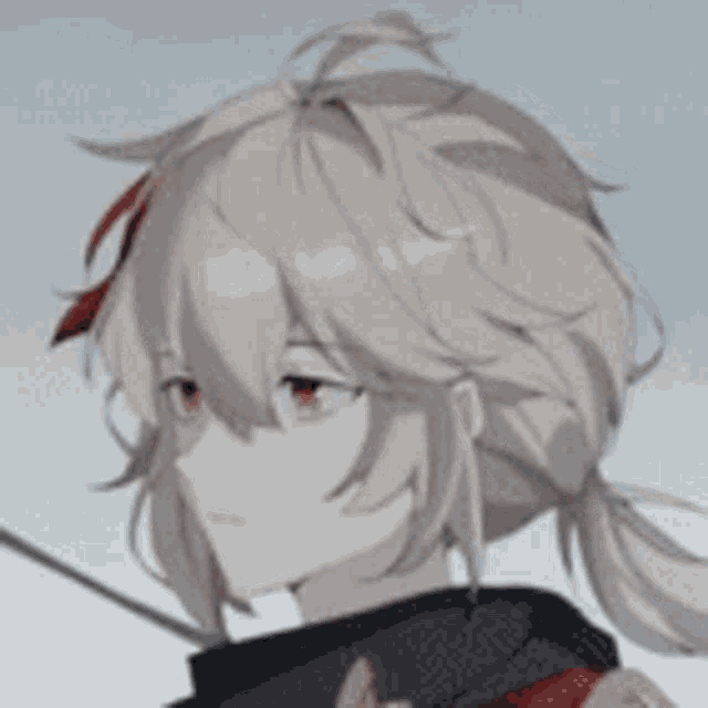 a close up of a person 's head with a ponytail and a sword in their hand .