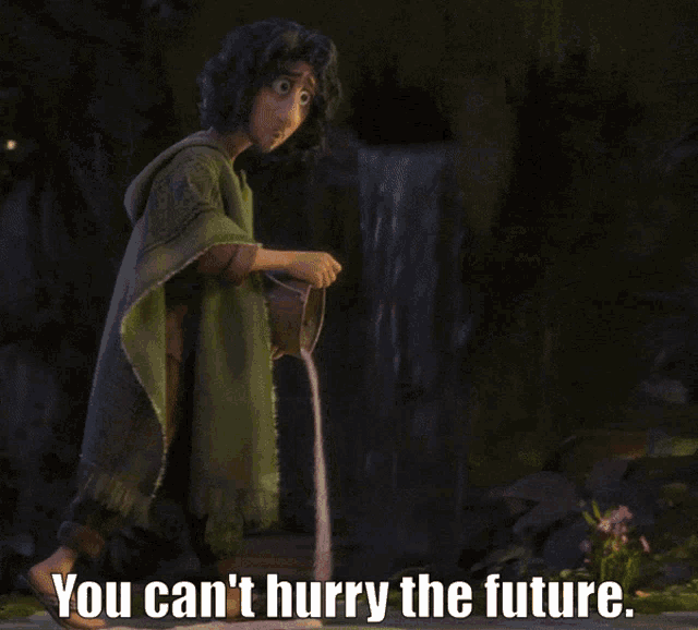a man in a green poncho stands next to a capybara with the words " you can 't hurry the future " below him