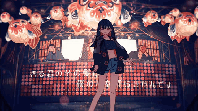 a girl is standing in front of a wall of dots with chinese writing on it