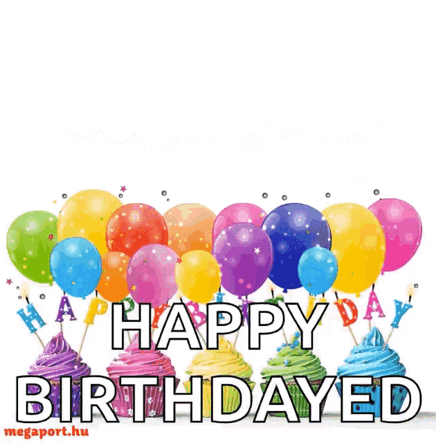 a birthday card with cupcakes and balloons and the words happy birthdayed