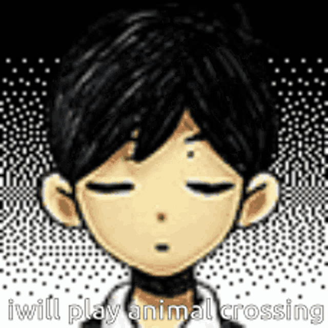 a cartoon of a boy with his eyes closed and the words `` i will play animal crossing '' .