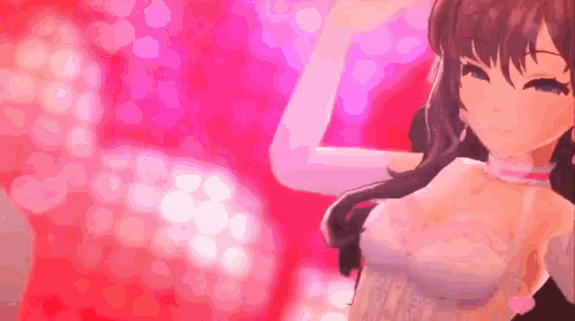 a girl in a white corset with a pink background