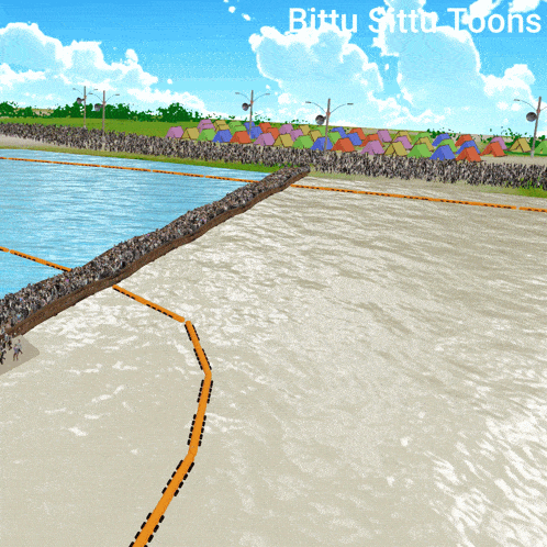 a computer generated image of a beach with the words bittu sittu toons