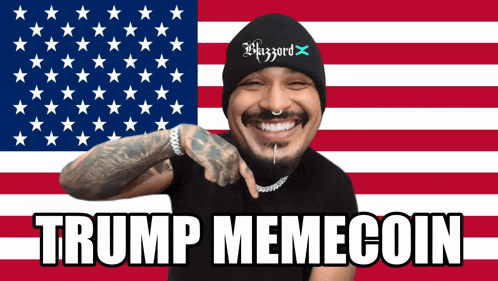 a man in front of an american flag with the words trump memecoin below him