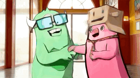 a green monster and a pink monster with a cardboard box on their head shake hands