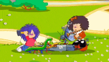 a cartoon of a girl with purple hair and a girl with black hair playing with a toy