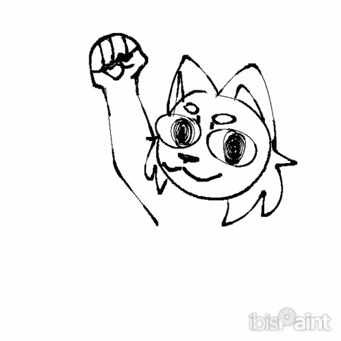 a black and white drawing of a cat with its fist up .