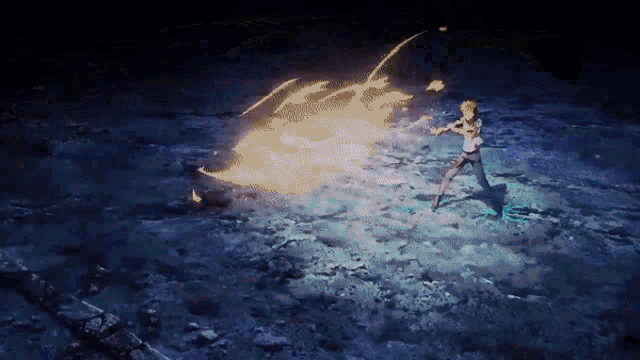 a person is standing in a dark room with a fire coming out of their hand