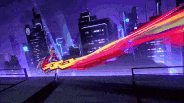 a pixel art of a person holding a sword in front of a city skyline