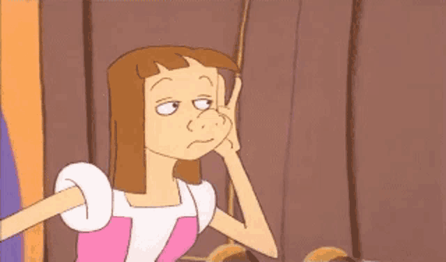 a cartoon girl is making a funny face with her hand on her face