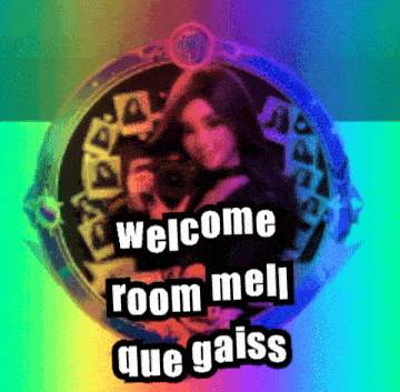 a picture of a woman taking a picture with the words welcome room mell que gaiss on it