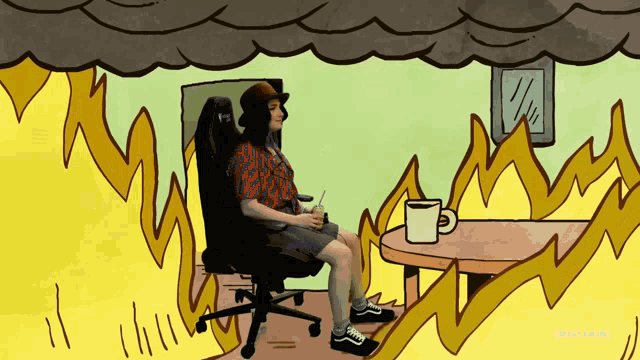 a cartoon of a woman sitting in a chair with a cup of coffee in front of a fire