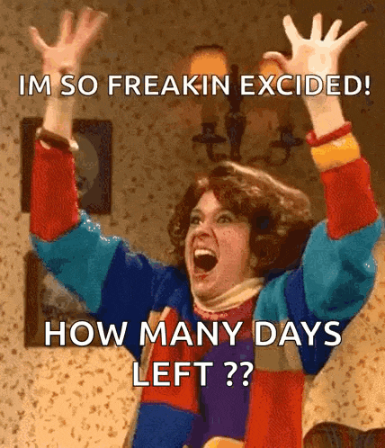 a woman in a colorful sweater is screaming with her arms in the air and the words im so freakin excited