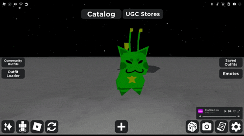 a screenshot of a video game with a green monster and the words catalog ugc stores