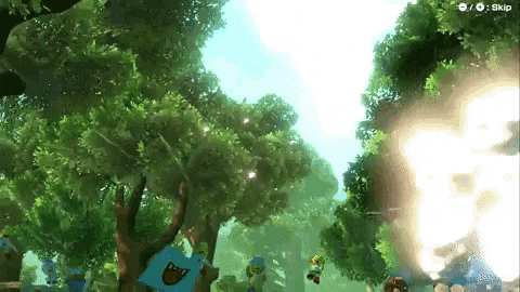 a video game is being played in a forest with trees and a person standing in the middle of it .