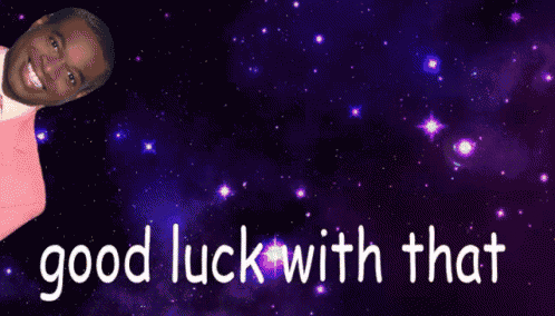 a picture of a man in a pink suit and tie with the words " good luck with that " below him