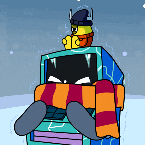 a cartoon character wearing a hat and scarf is sitting on top of a box