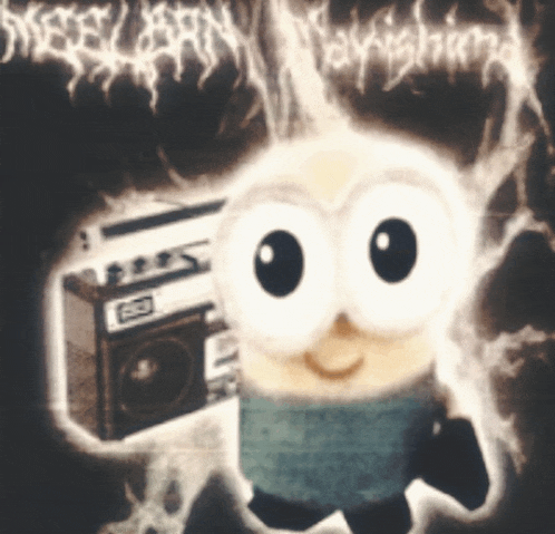 a picture of a minion holding a boombox with the word heavy metal written in the background