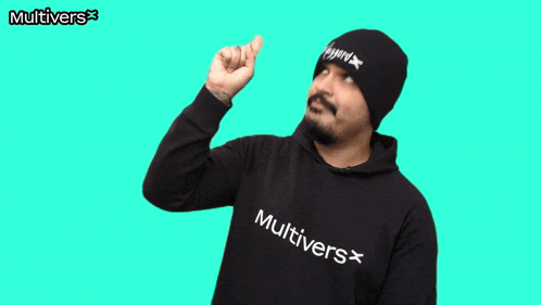 a man wearing a hoodie that says multivers on the front