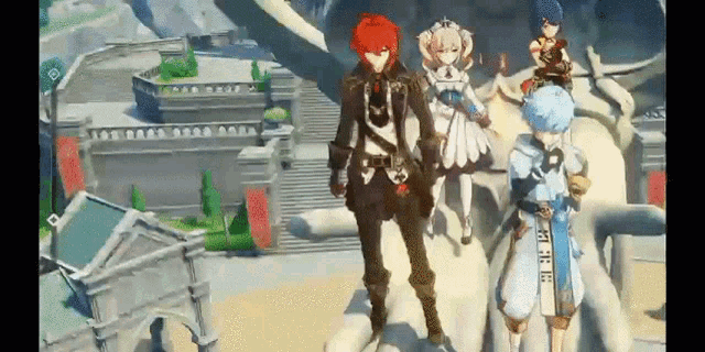 a group of anime characters are standing next to each other in front of a building in a video game .