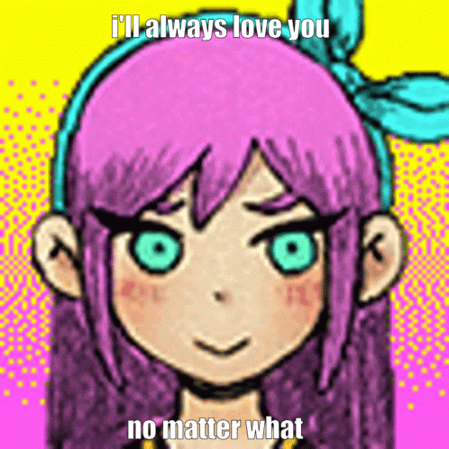 a drawing of a girl with purple hair and blue eyes that says " i 'll always love you "