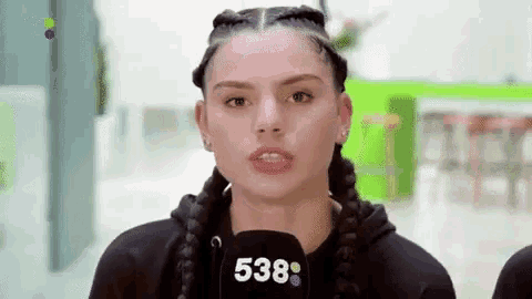 a woman with braids is holding a microphone in her hand and talking into it .
